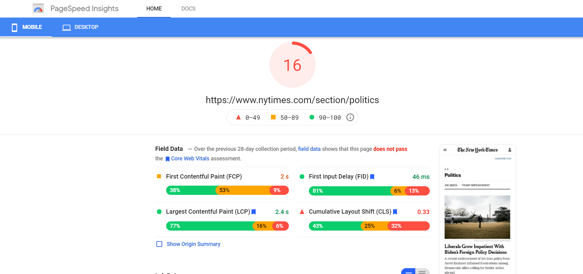Google PageSpeed Insights Result
